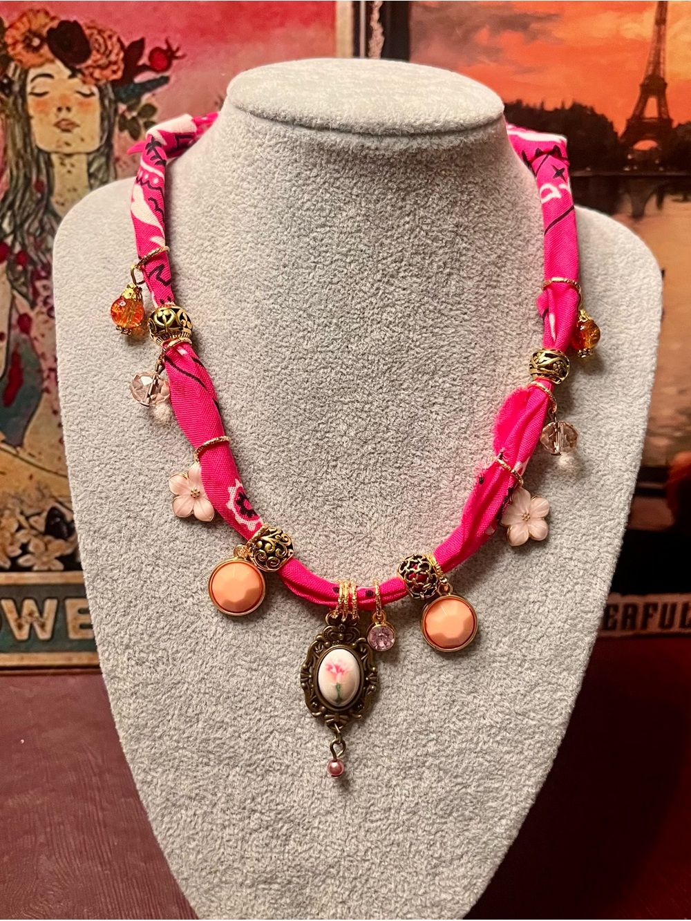 Whimsical Raspberry Bandana Scarf Choker/Necklace with Floral Cameo Charm, 24”